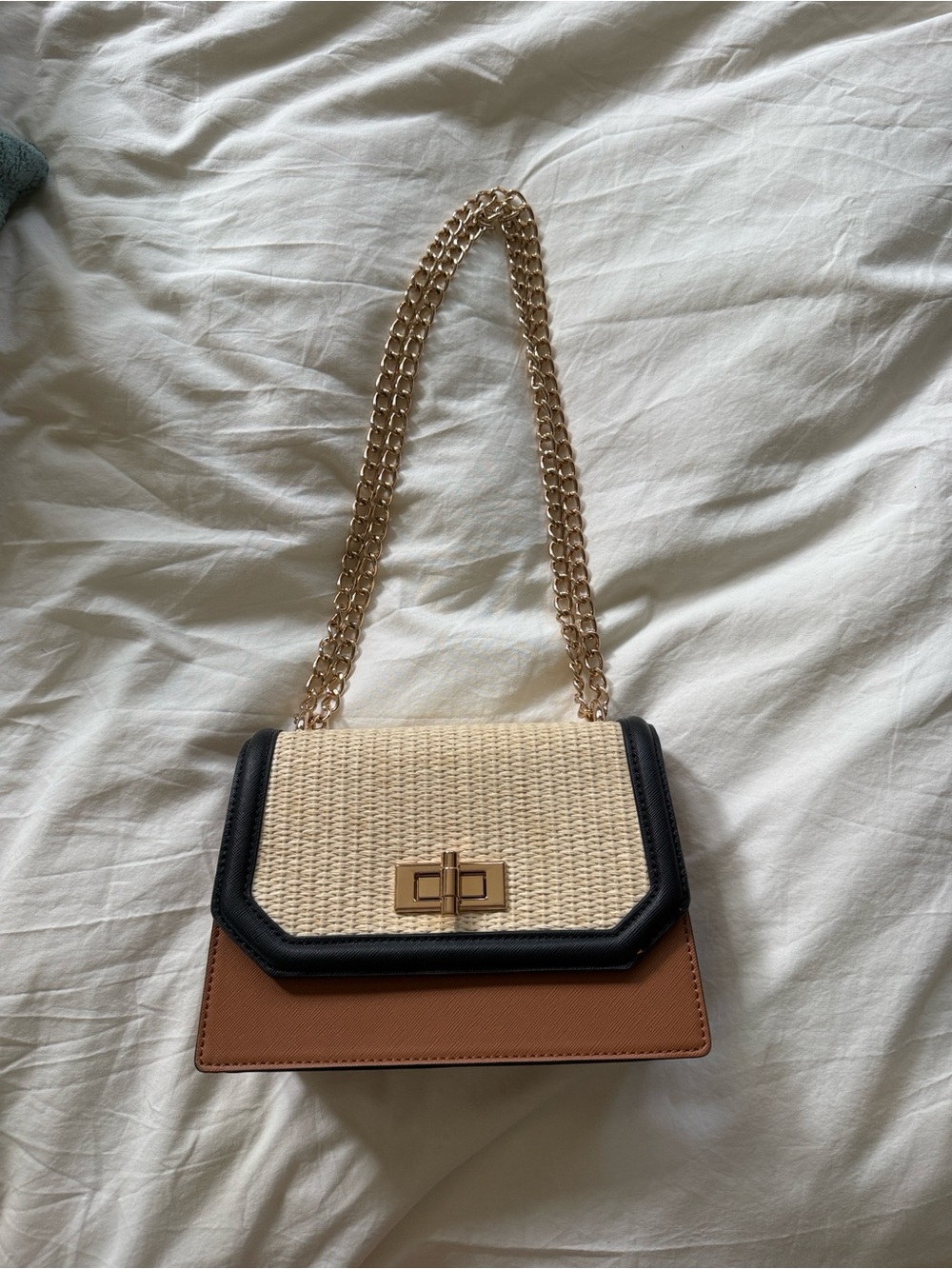 Aldo Beige Woven Panel Shoulder Bag with Black Trim & Brown Base